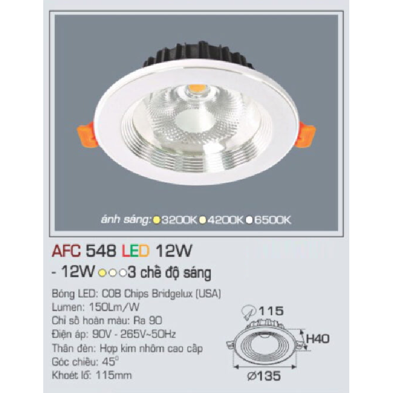 AFC 548 LED12W: Đèn LED âm trần 12W 1 chế độ ánh sáng ( vàng/trung tính/trắng)