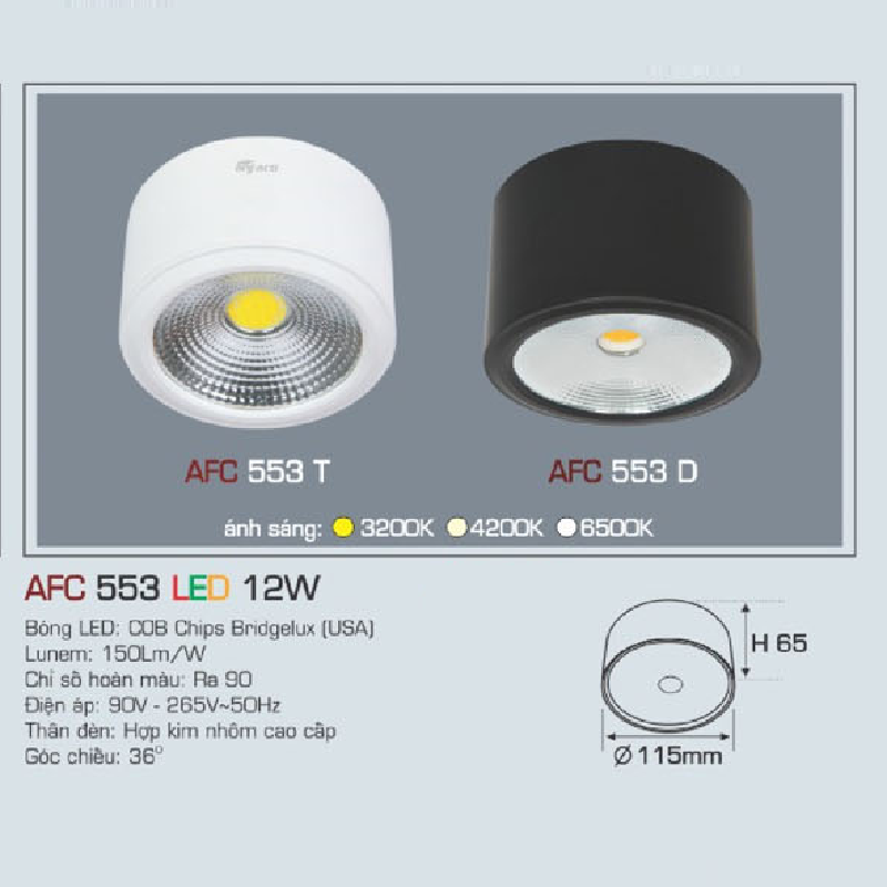 AFC 553 LED 12W: Đèn  lon LED chiếu điểm gắn nổi 12w, 1 chế độ ánh sáng (vàng/trung tính/trắng)