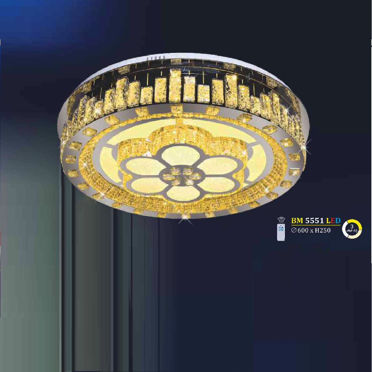 BM 5551 LED: Đèn áp trần LED - KT: Ø600mm x H250mm - Đèn LED đổi 3 màu - Remote