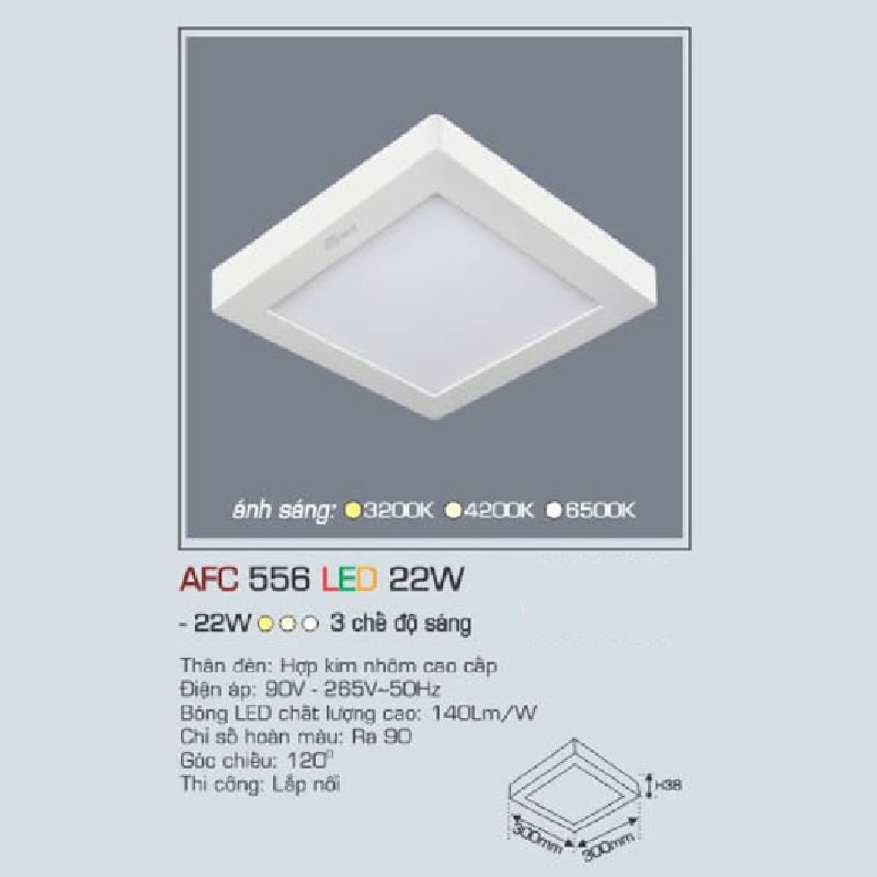 AFC 556 LED 22W: Đèn LED vuông ốp nổi 22W  - KT: 300mm x 300mm x H35mm - Ánh sáng trắng/ vàng/trung tính