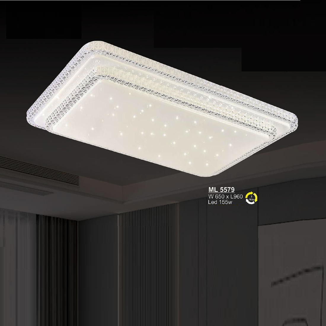 SN - ML5579: Đèn áp trần LED Mica chữ nhật - KT: L960mm x W650mm - Đèn LED 155W - Ánh sáng đổi 3 màu