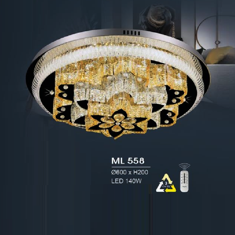 HF - ML 558: Đèn áp trần LED - KT: Ø600mm x H200mm - Đèn LED 160W đổi 3 màu - Remote