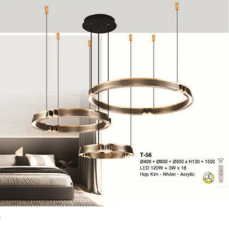 E - T - 56: Đèn thả 3 vòng LED gắn rời - KT: (Ø400mm + Ø600mm + Ø800mm) x H130mm x H1500mm - Đèn LED 120W + 3W x 128 bóng - Ánh sáng đổi 3 màu