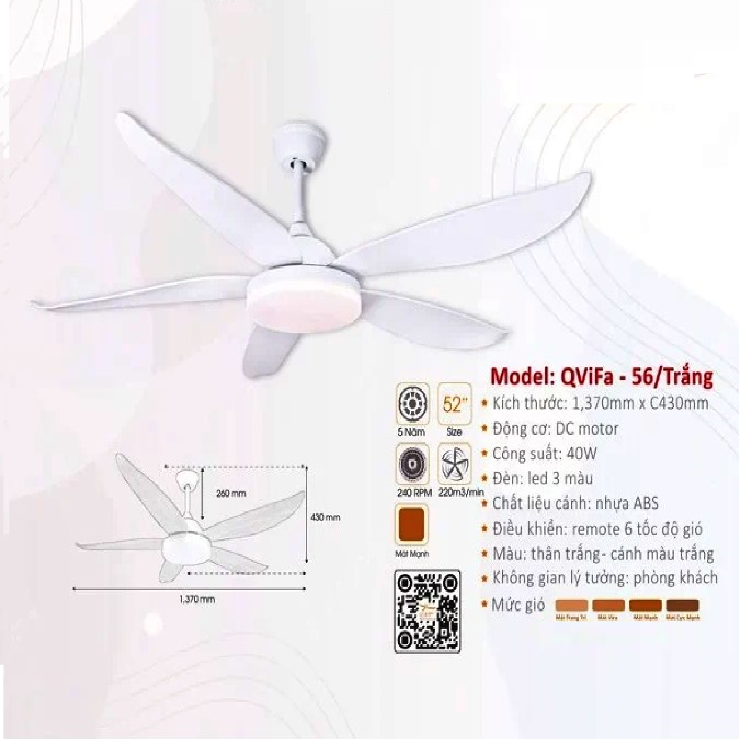 QViFa - 56/Trắng: Quạt trần đèn LED 5 cánh Nhựa