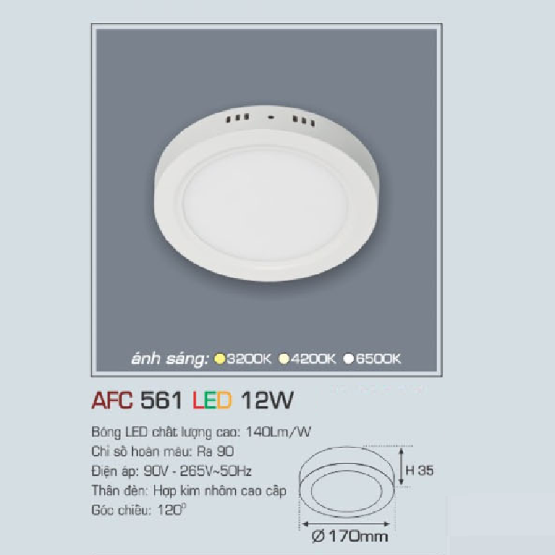 AFC 561 LED 12W: Đèn LED ốp nổi 12W - KT: Ø170mm x H35mm - Ánh sáng trắng/vàng/trung tính