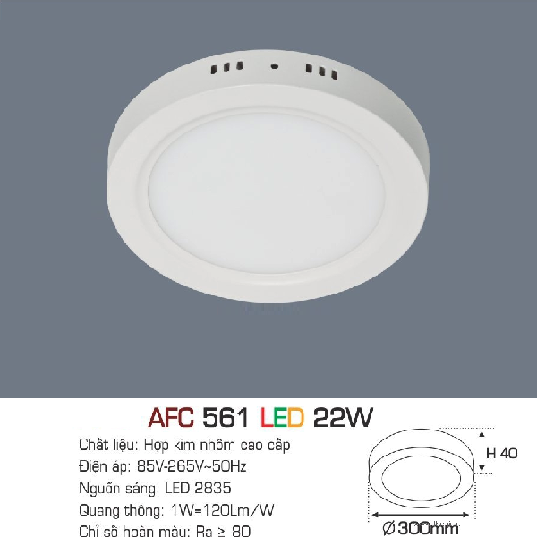 AFC 561 LED 22W: Đèn LED ốp nổi 18W - KT: Ø300mm x H40mm - Ánh sáng trắng/vàng/trung tính