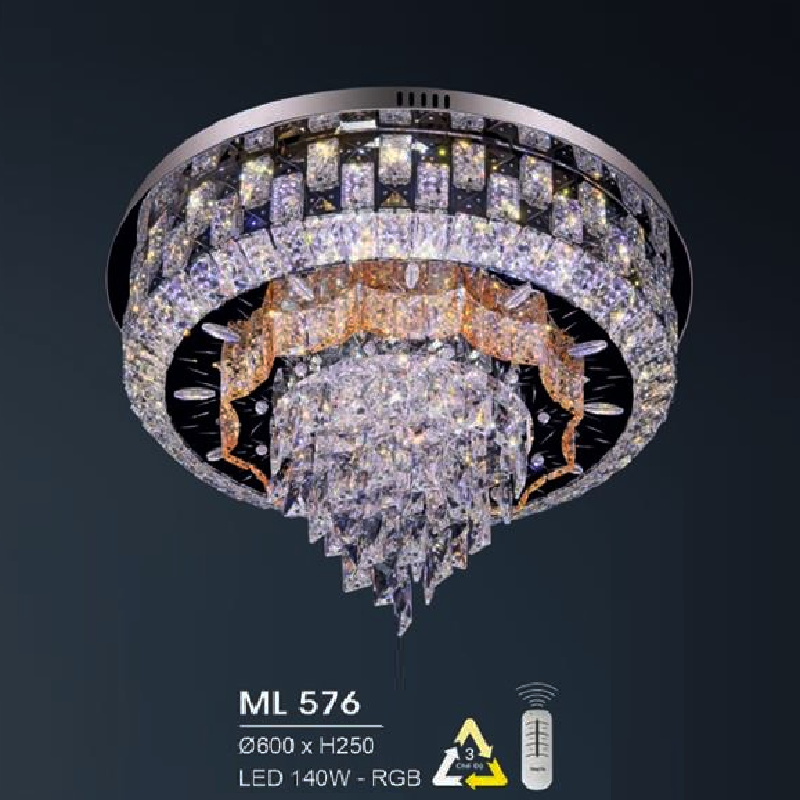HF - ML 576: Đèn áp trần LED - KT: Ø600mm x H250mm - Đèn LED 140W đổi 3 màu + RGB - Remote