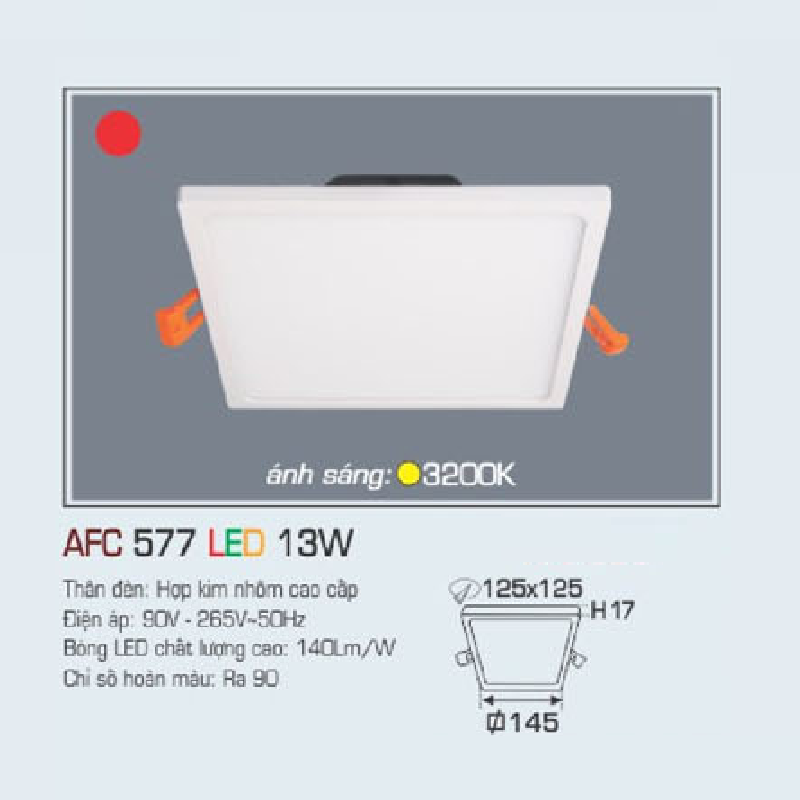 AFC 577 LED 13W: Đèn LED âm trần vuông 13W,  1 chế độ ánh sáng vàng