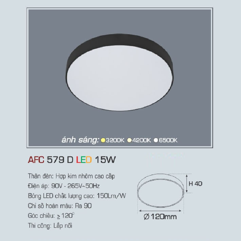 AFC 579D LED 15W: Đèn LED tràn viền ốp nổi 15W, 1 chế độ ánh sáng (vàng/trung tính/trắng)