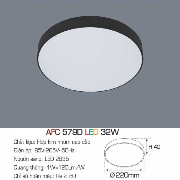 AFC 579D LED 32W: Đèn LED tràn viền ốp nổi 32W - KT: Ø220mm x H40mm - Ánh sáng trắng/vàng/trung tính