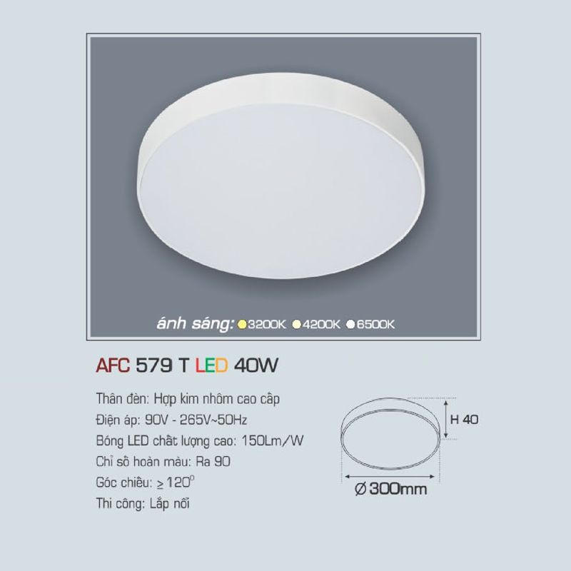 AFC 579T LED 40W: Đèn LED tràn viền ốp nổi 40W, 1 chế độ ánh sáng (vàng/trung tính/trắng)