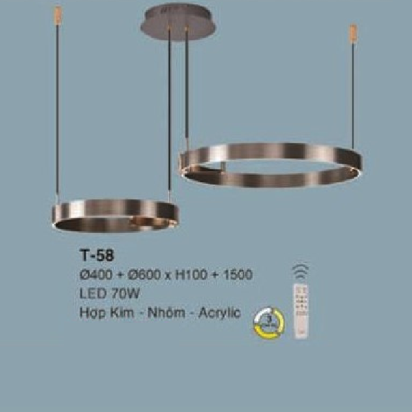 E - T - 58: Đèn thả 2 vòng LED gắn rời - KT: (Ø400mm + Ø600mm ) x H100mm ( chiều cao thanh LED ) x H1500mm - Đèn LED 70W - Ánh sáng đổi 3 màu