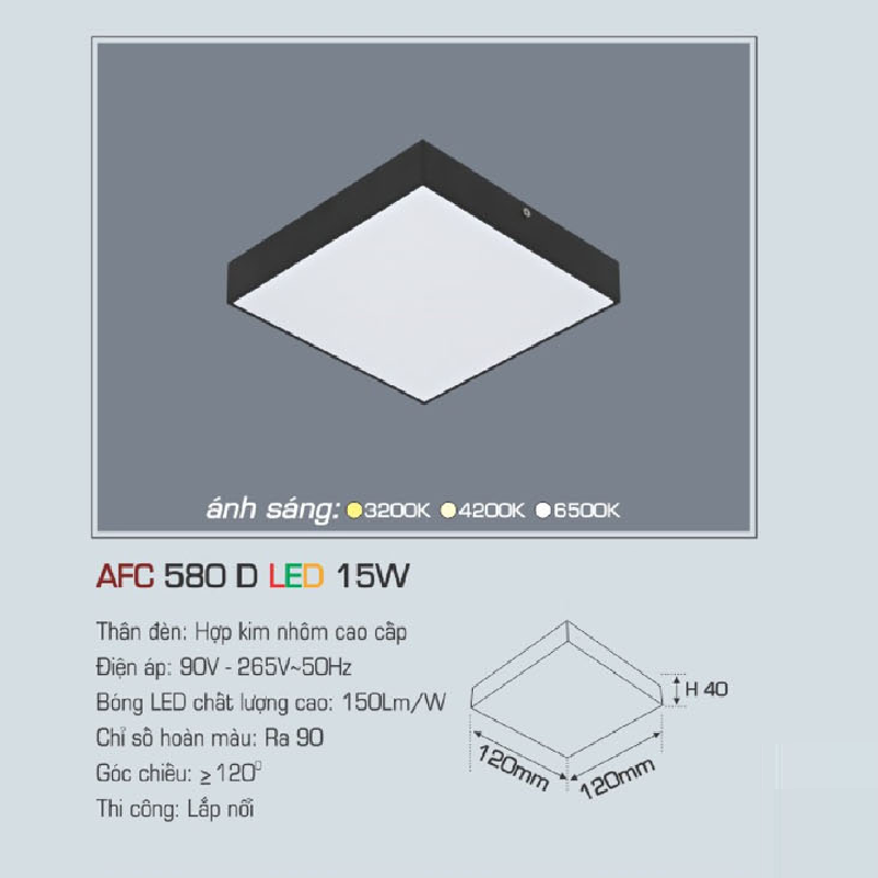 AFC 580D LED 15W: Đèn LED vuông tràn viền gắn nổi vỏ đen 15W, 1 chế độ ánh sáng (vàng/trung tính/trắng)