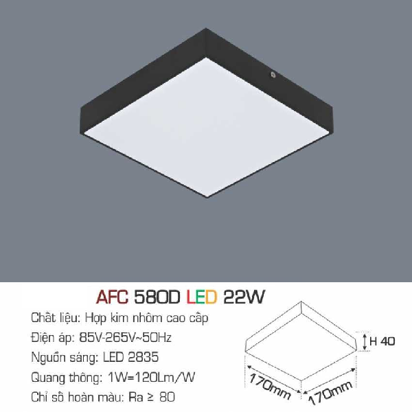 AFC 580D LED 22W: Đèn LED vuông tràn viền gắn nổi vỏ đen 22W - KT: 170mm x 170mm x H40mm - Ánh sáng Trắng/vàng/trung tính