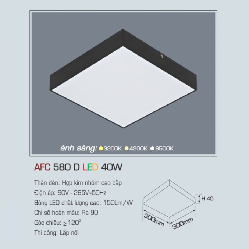 AFC 580D LED 40W: Đèn LED vuông tràn viền gắn nổi vỏ đen 40W, 1 chế độ ánh sáng (vàng/trung tính/trắng)