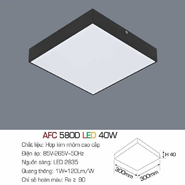 AFC 580D LED 40W: Đèn LED vuông tràn viền gắn nổi  vỏ đen 40W - KT: 300mm x 300mm x H40mm - Ánh sáng Trắng/vàng/trung tính