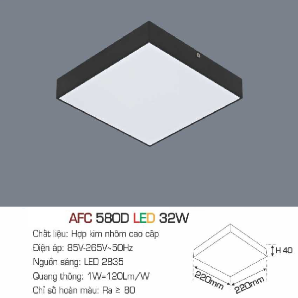 AFC 580D LED 32W: Đèn LED vuông tràn viền gắn nổi vỏ đen 32W - KT: 220mm x 220mm x H40mm - Ánh sáng Trắng/vàng/trung tính