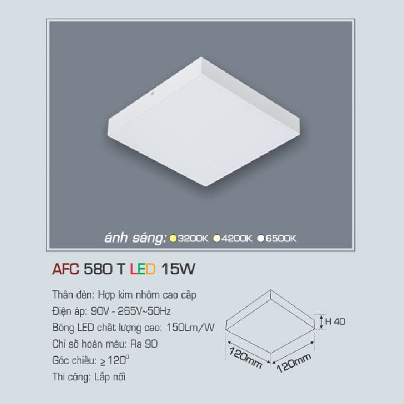 AFC 580T LED 15W: Đèn LED vuông tràn viền gắn nổi 15W,  1 chế độ ánh sáng (vàng/trung tính/trắng)