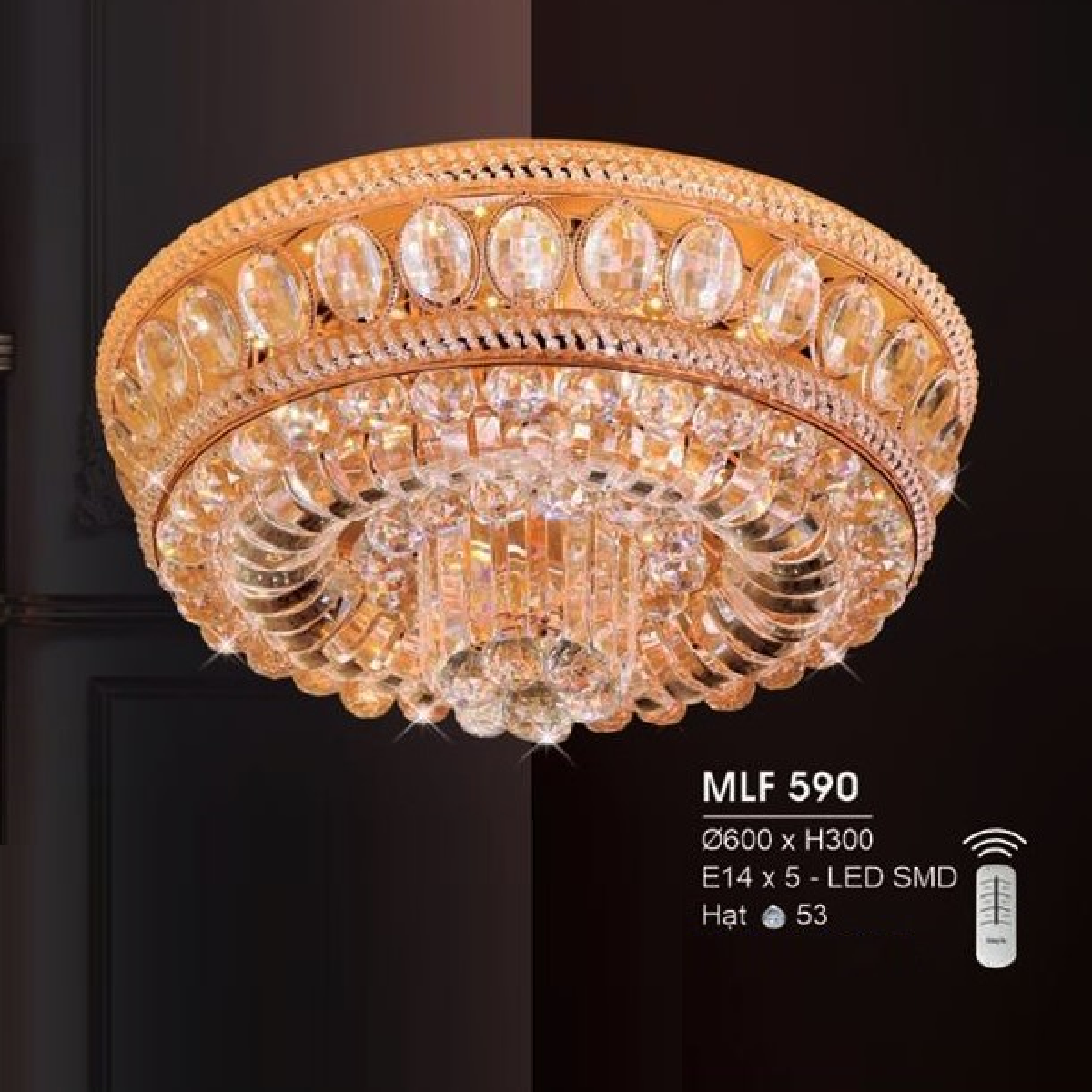 HF -  MLF 590 : Đèn áp trần Phale - KT: Ø600mm x H300mm - Đèn LED SMD + Đèn chân E14 x 5 bóng - Remote