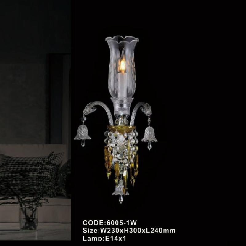 CODE: 6005 - 1W:  Đèn gắn tường Phale nến 1 bóng chao thủy tinh - KT: L240mm x W230mm x H300mm - Đèn LED 1 W + Bóng đèn E14 x 1 bóng