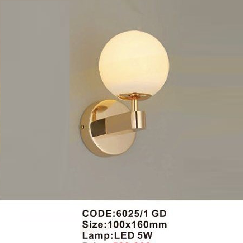 CODE: 6025/1 GD: Đèn gắn tường LED chao bi thủy tinh - KT: 100mm x 160mm - Đèn LED 5W
