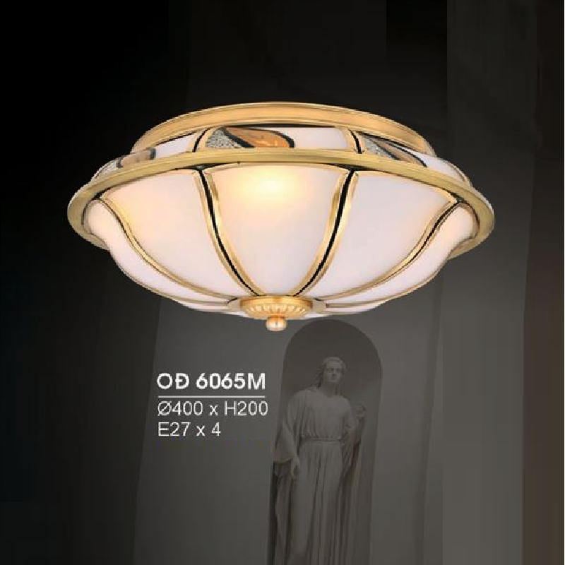HF - OĐ 6065M: Đèn ốp trần đồng chao thủy tinh - KT: Ø400mm x H200mm - Bóng đèn chân E27 x 4 bóng