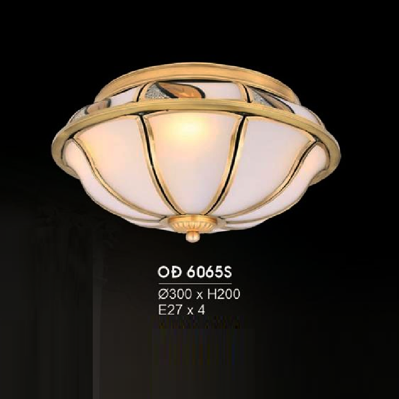 HF - OĐ 6065S: Đèn ốp trần đồng chao thủy tinh - KT: Ø300mm x H200mm - Bóng đèn chân E27 x 4 bóng