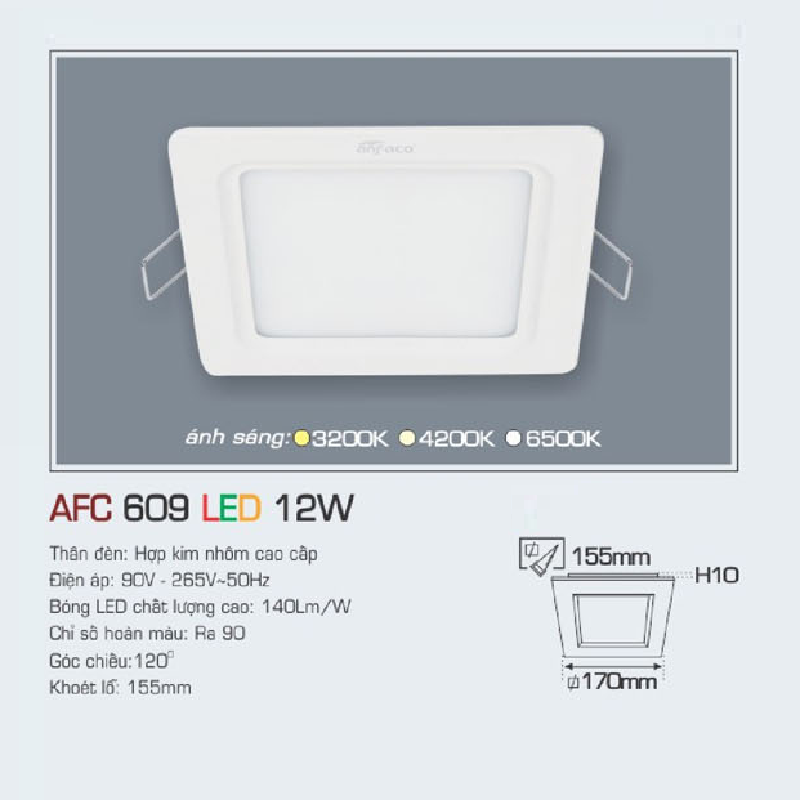 AFC 609 LED 12W: Đèn LED vuông âm trần siêu mỏng 12W , 1 chế độ ánh sáng (vàng/trung tính/trắng)