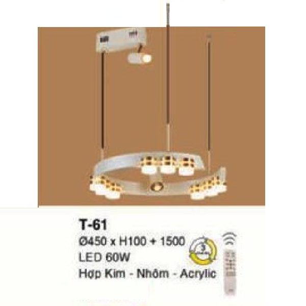 E - T - 61: Đèn thả 1 vòng LED - KT: Ø450mm x  H100mm ( chiếu cao thanh LED)  x H1500mm - Đèn LED 60W - Ánh sáng đổi 3 màu