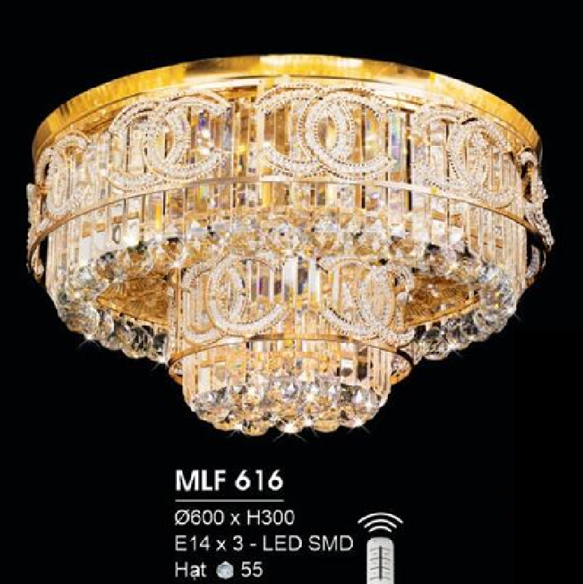 HF -  MLF 616: Đèn áp trần Phale  - KT:  Ø600mm x H300mm - Đèn LED SMD + Đèn chân E14 x 3 bóng - Remote