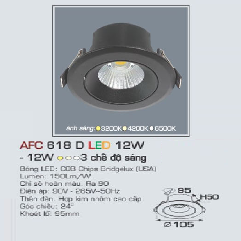 AFC 618D LED 12W: Đèn LED âm trần vỏ đen 12W, 1 chế độ sáng ( vàng/trung tính/trắng)