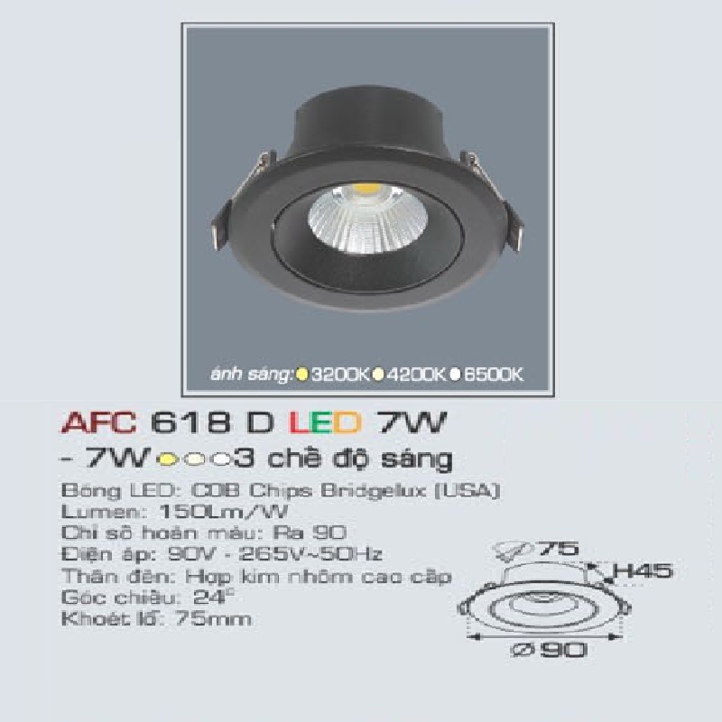 AFC 618D LED 7W: Đèn LED âm trần cỏ đen 7W, 1 chế độ sáng ( vàng/trung tính/trắng)