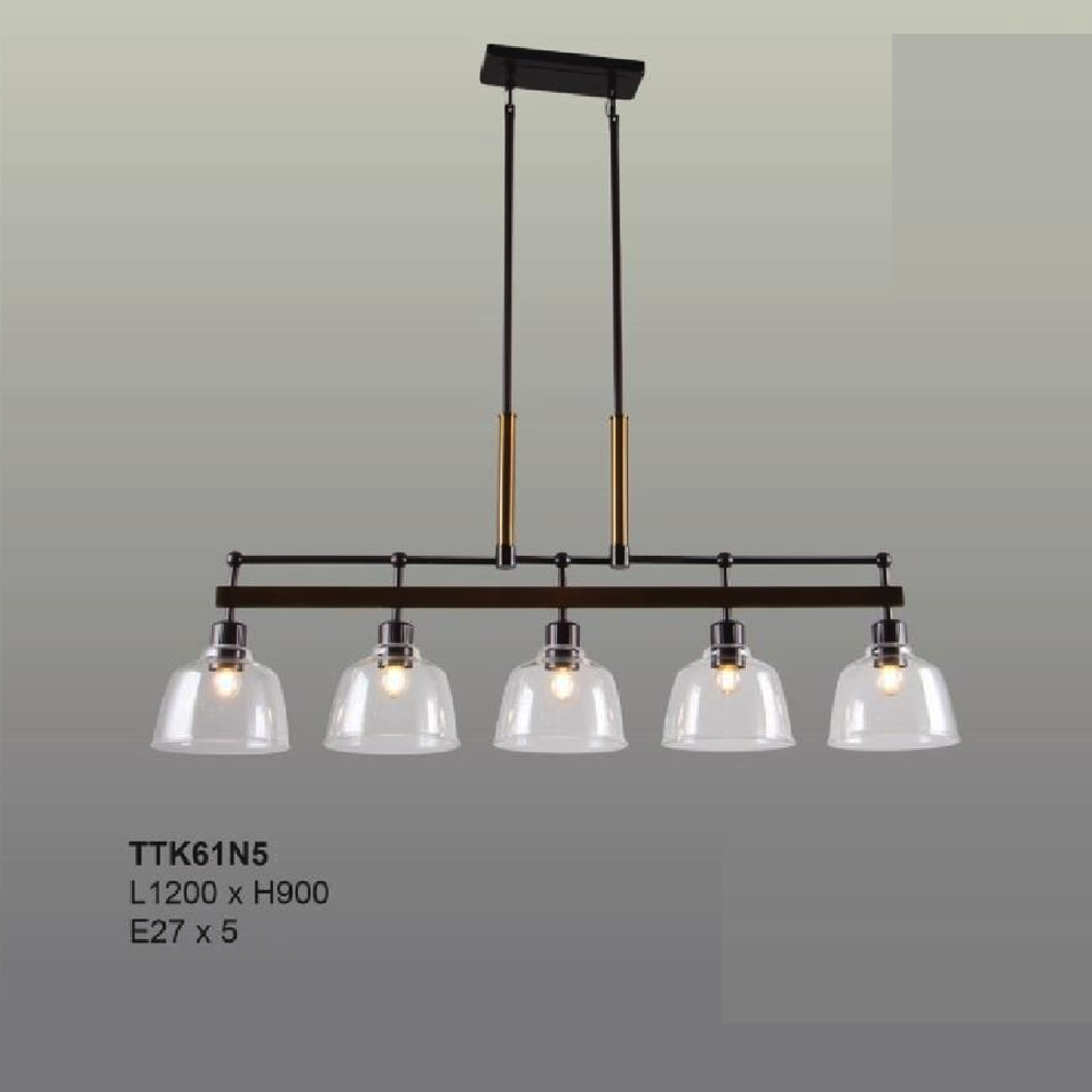 35 - TTK61N5: Đèn thả ngang 5 bóng, chao thủy tinh - KT: L1200mm x H900mm - Bóng đèn E27 x 5 bóng