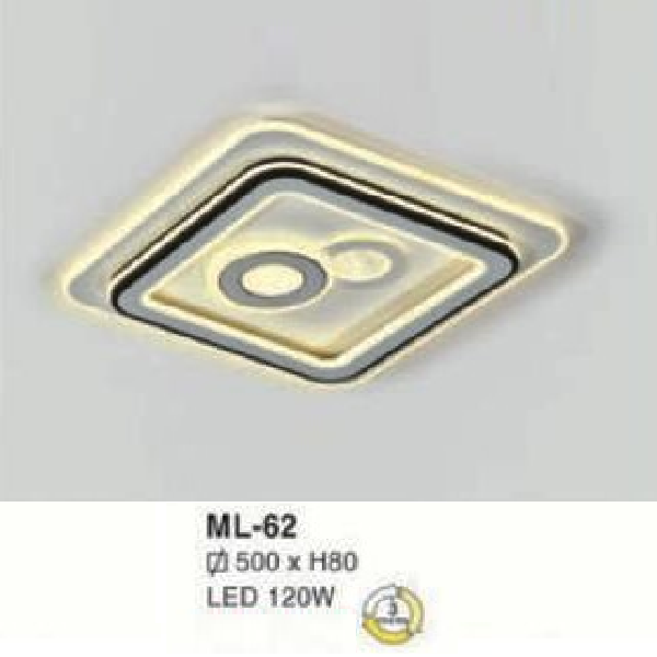 E - ML - 62: Đèn áp trần vuông LED Mica  - KT: L500mm x W500mm x H50mm - Đèn LED 120W đổi 3 màu