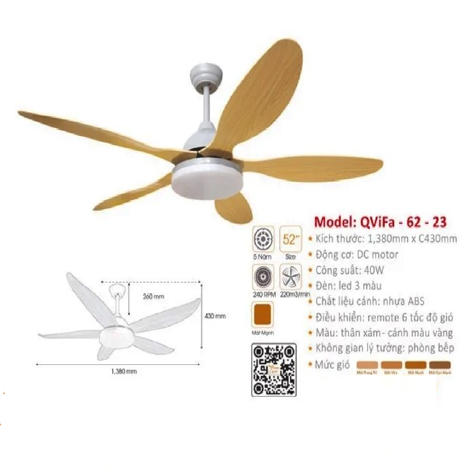 QViFa - 62-23: Quạt trần đèn LED 5 cánh nhựa