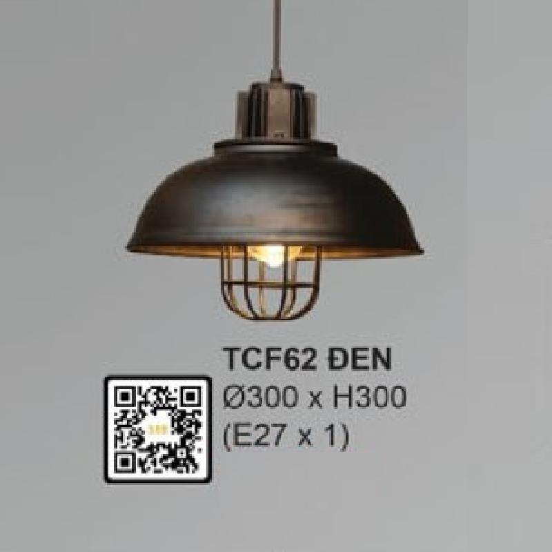 35 - TCF62 Đen: Đèn thả đơn - KT: Ø300mm x H300mm - Bóng đèn E27 x 1 bóng