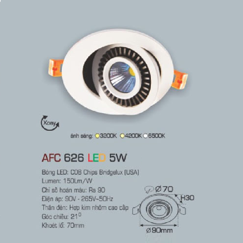 AFC 626 LED 5W: Đèn LED âm trần chiếu điểm  xoay góc 5W 1 chế độ ánh sáng (vàng/trung tính/trắng)