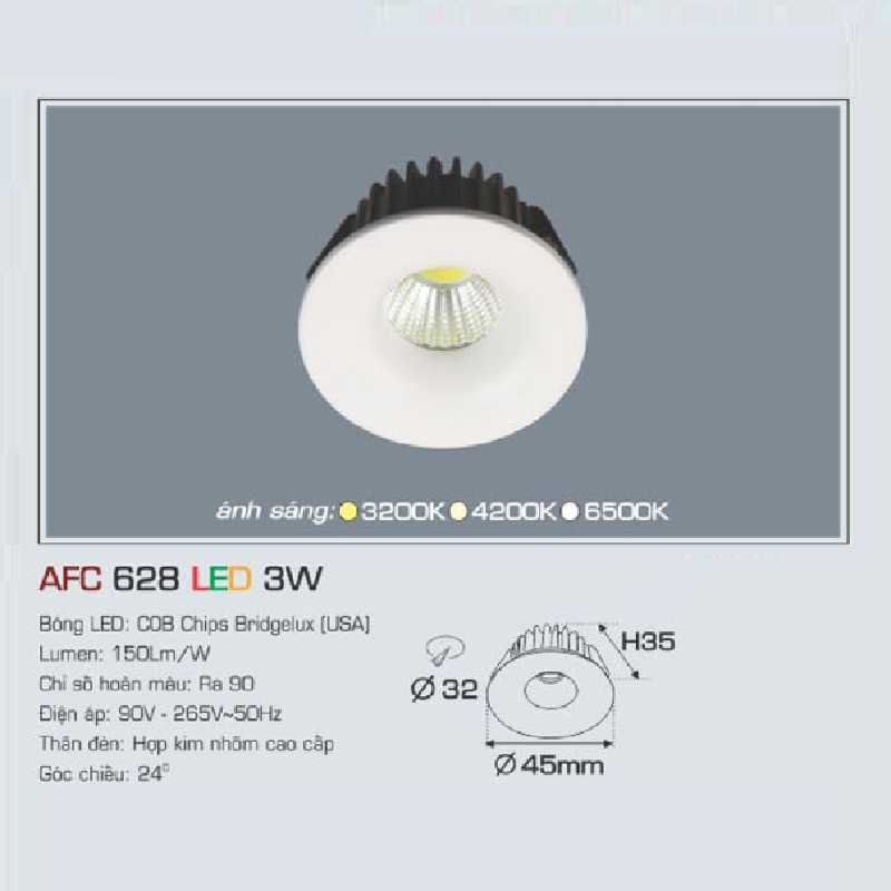 AFC 628 LED 3W: Đèn LED âm trần 3W, 1 chế độ ánh sáng ( vàng/trung tính/trắng)