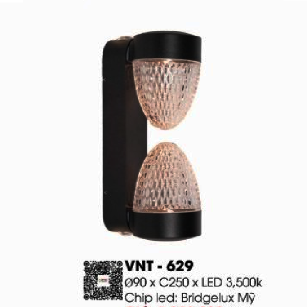 VNT - 629: Đèn vách ngoài - KT: Ø90mm x H250mm - Đèn LED ánh sáng vàng 3500K