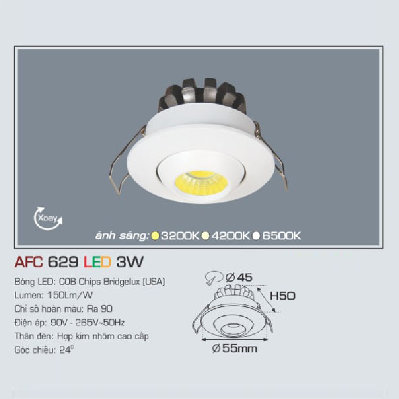 AFC 629 LED 3W: Đèn LED âm trần 3W, 1 chế độ ánh sáng ( vàng/trung tính/trắng)