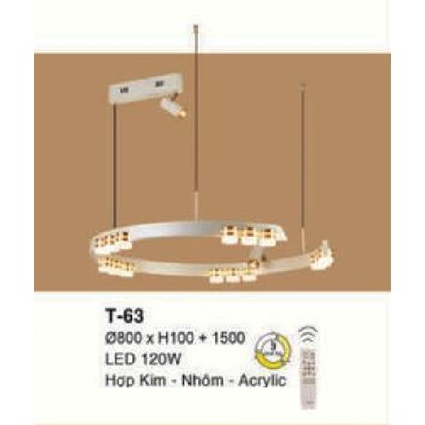 E - T - 63: Đèn thả 1 vòng LED - KT: Ø800mm x  H100mm ( chiếu cao thanh LED)  x H1500mm - Đèn LED 120W - Ánh sáng đổi 3 màu