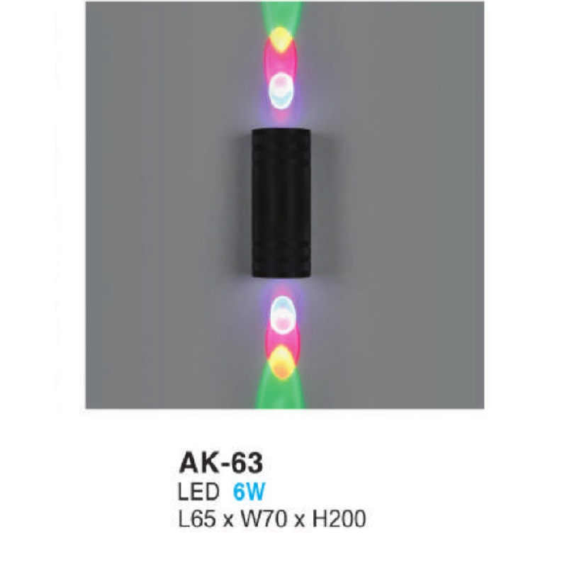 AK - 63: Đèn LED gắn tường ngoài trời - KT: L65mm x W70mm x H200mm - Đèn LED 6W,  ánh sáng màu