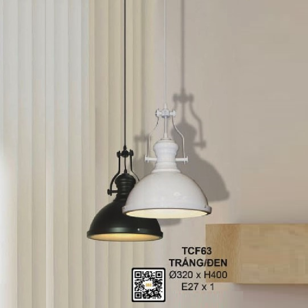 35 - TCF63: Đèn thả đơn chao Trằng/Đen - KT: Ø320mm x H400mm - Bóng đèn E27 x 1 bóng