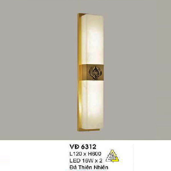 HF - VĐ 6212: Đèn gắn tường đồng LED, chao đá thiên nhiên - KT: L120mm x H600mm - Đèn LED 16W x 2 ánh sáng đổi 3 màu