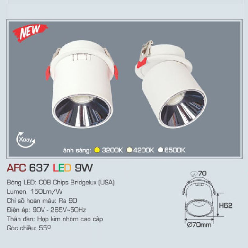 AFC 637 LED 9W: Đèn LED âm trần chiếu điểm xoay góc 9W, 1 chế độ ánh sáng ( vàng/trung tính/trắng)
