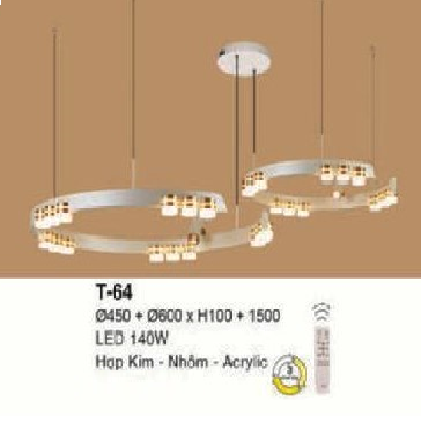 E - T - 64: Đèn thả 2 vòng LED gắn rời - KT: Ø(450 +600)mm x  H100mm ( chiều cao thanh LED)  x H1500mm - Đèn LED 140W - Ánh sáng đổi 3 màu