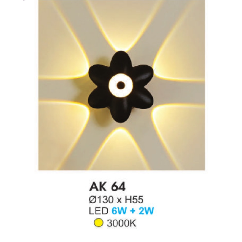 AK - 64: Đèn LED gắn tường ngoài trời - KT: Ø130mm x H55mm - Đèn LED 6W + 2W ánh sáng vàng 3000K