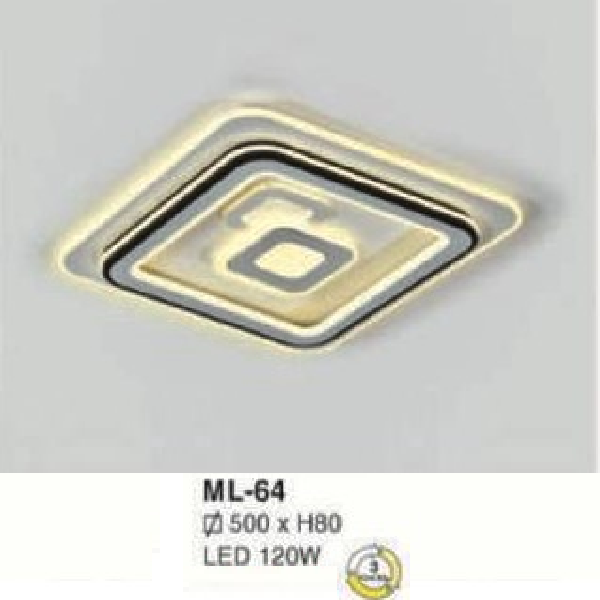 E - ML - 64: Đèn áp trần vuông LED Mica  - KT: L500mm x W500mm x H80mm - Đèn LED 120W đổi 3 màu