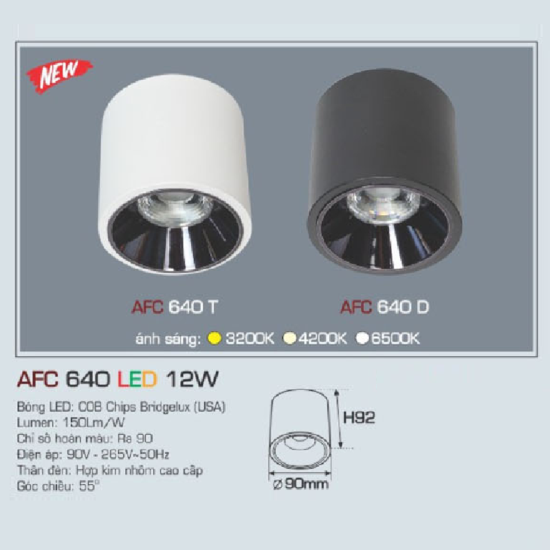 AFC 640 LED 12W: Đèn lon LED gắn nổi 12W, 1 chế độ ánh sáng ( vàng/trung tính/trắng)