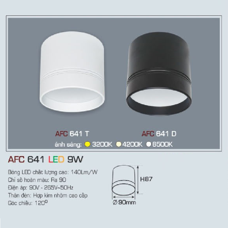 AFC 641 LED 9W: Đèn lon LED gắn nổi 9W, 1 chế độ ánh sáng (vàng/Trung tính/trắng)